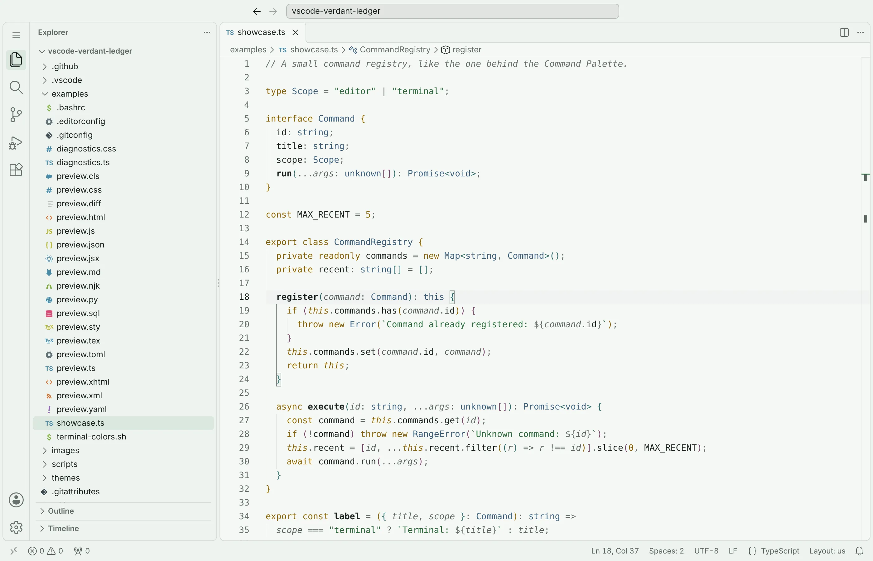 VS Code with Verdant Ledger Light: the Explorer and a TypeScript command registry with slate blue types, green strings and ochre keywords